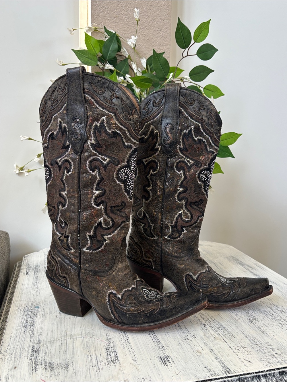 Western Embroidered Cowboy Boots in Dark Brown